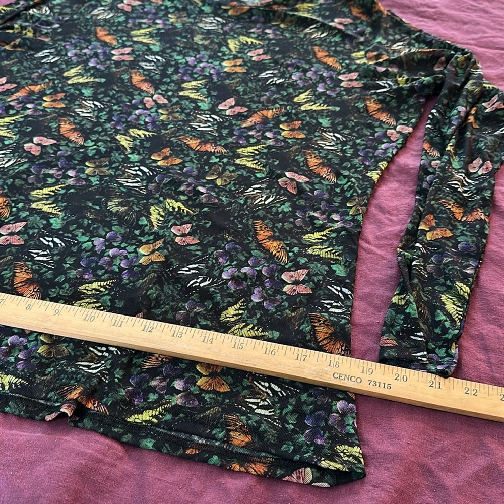 Johnny Was XXL Black Multicolor Butterfly Floral MESH long sleeve tee top - Picture 4 of 7